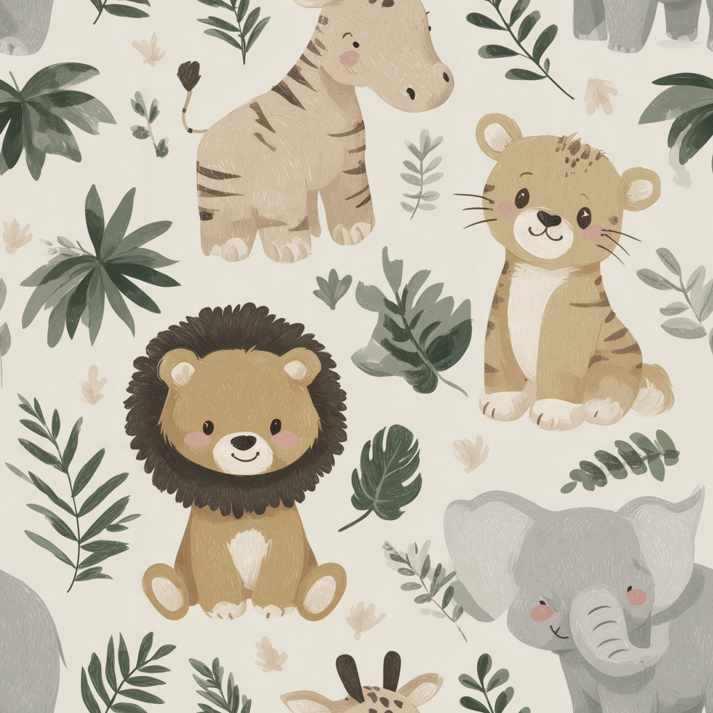 Jungle Animals Wallpaper Cartoon Playful Decorative Mural pattern artwork