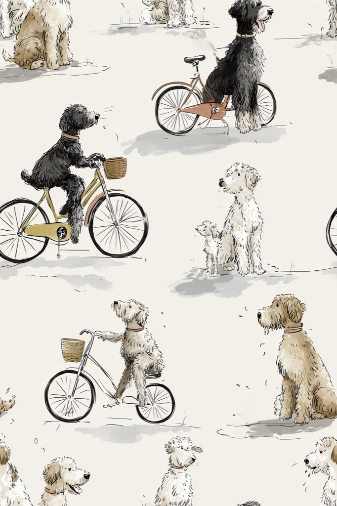 Whimsical Dogs Wallpaper Bicycles Beige Wall Mural pattern artwork