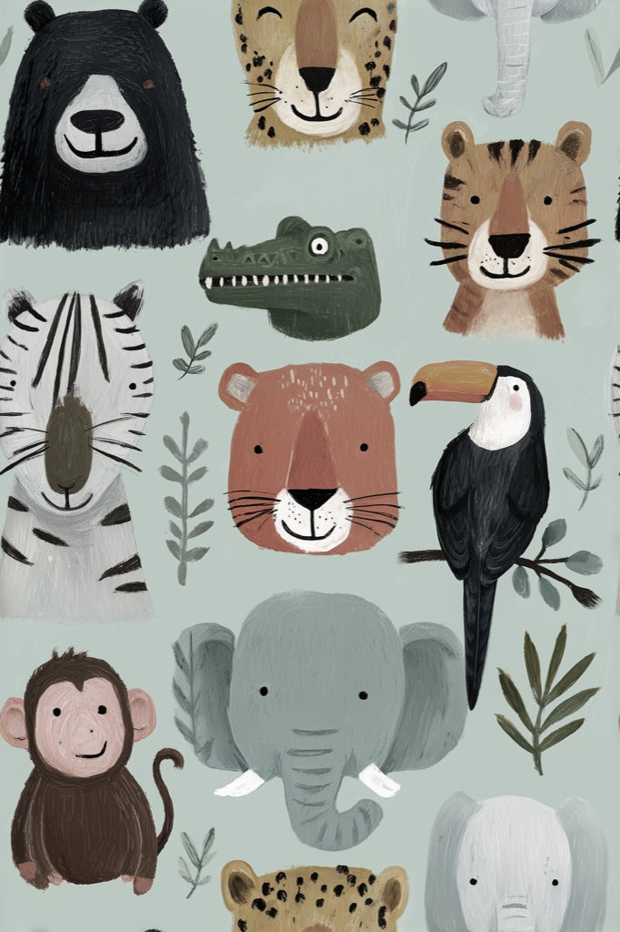 Muted Green Wallpaper Animal Faces Removable Kids Wall Art pattern artwork