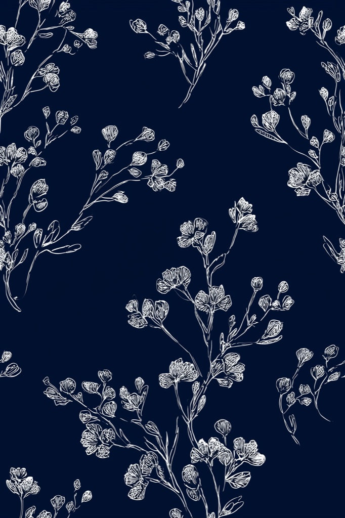 Floral Wallpaper Navy Minimalist Decorative Mural pattern artwork