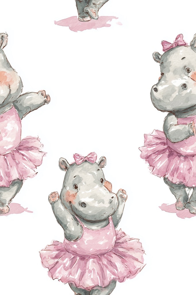 Whimsical Hippopotamus Wallpaper Pink White Background Wall Art pattern artwork