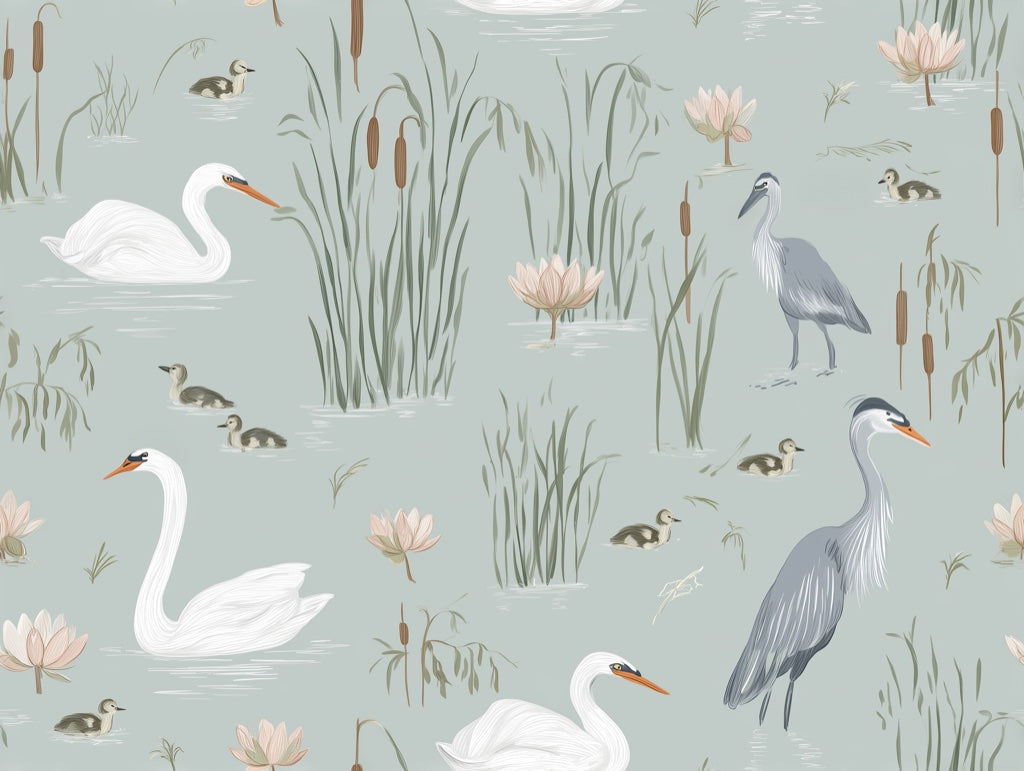 Swans Wallpaper Herons Lotus Removable Wall Decor pattern artwork