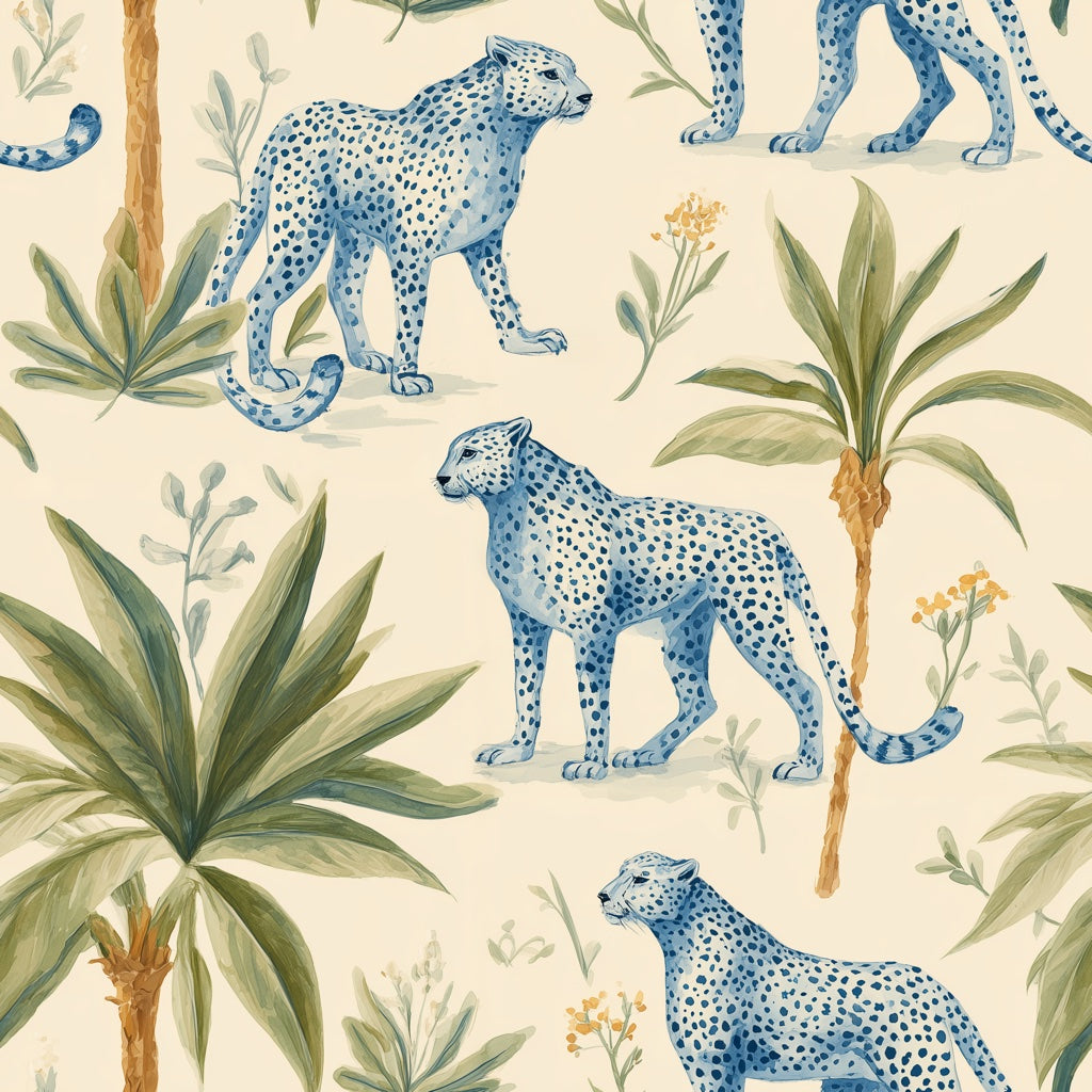 Leopards Wallpaper Tropical Blue Wall Decor pattern artwork