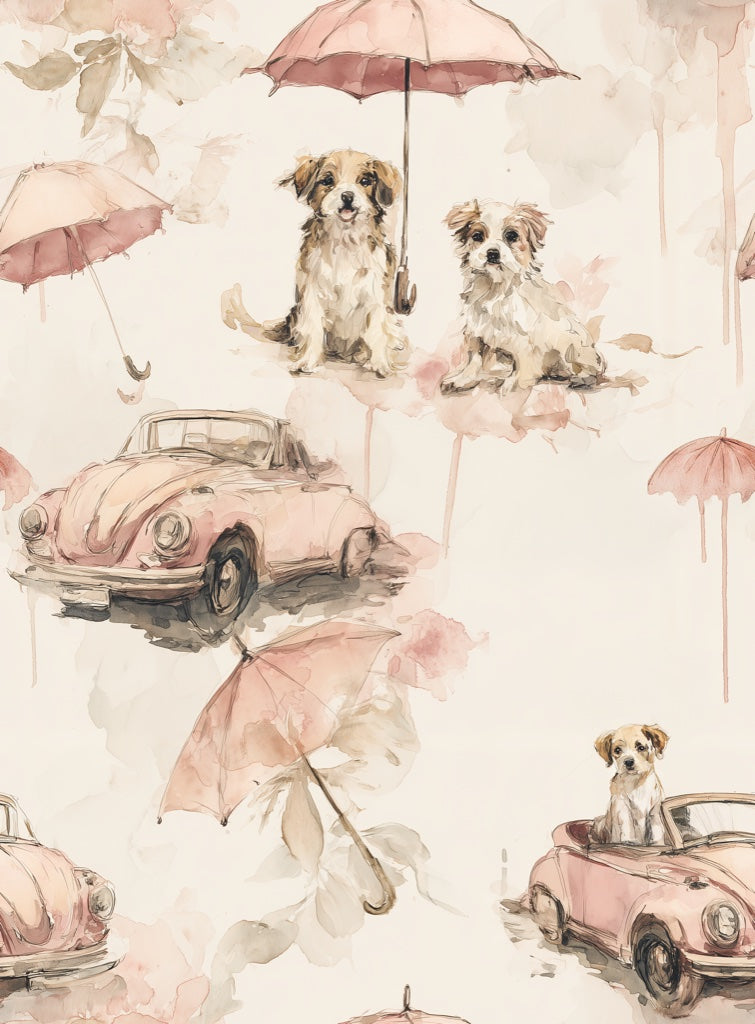 Dogs Wallpaper Vintage Cars Removable Umbrellas Wall Mural pattern artwork
