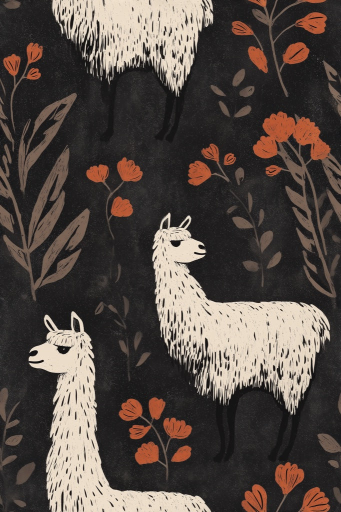 Floral Llamas Wallpaper Bohemian Dark Background Decorative Mural pattern artwork