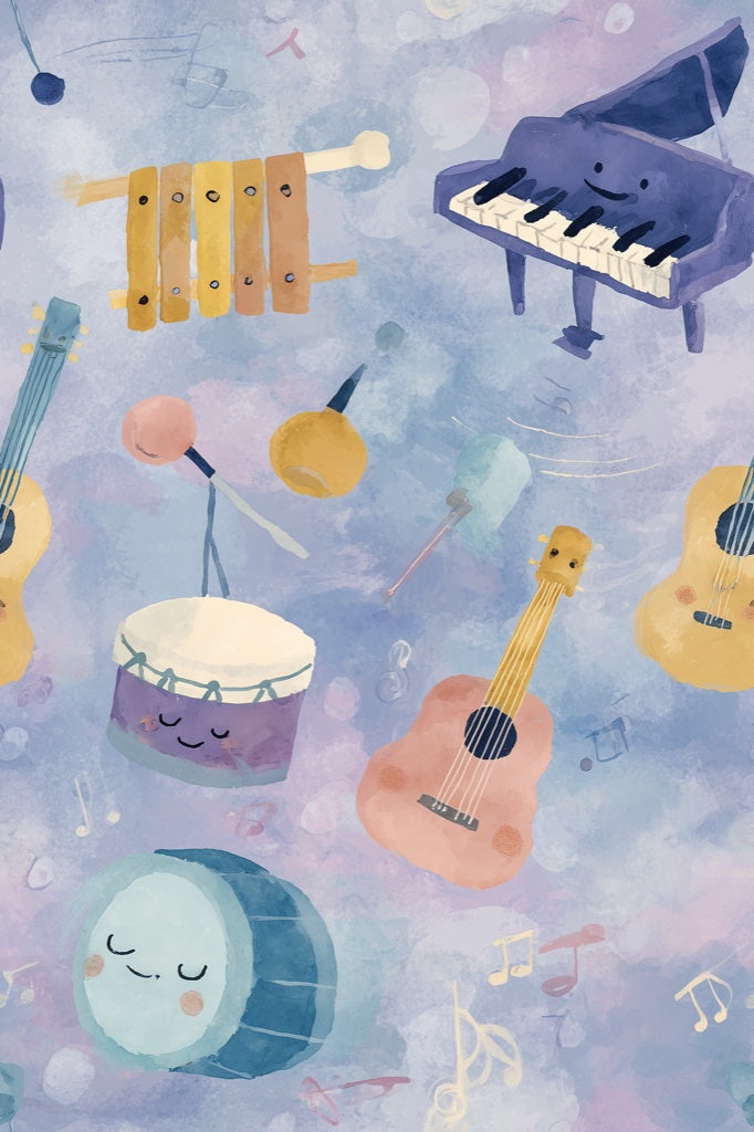 Musical Instruments Wallpaper Cartoon Watercolor Decorative Mural pattern artwork