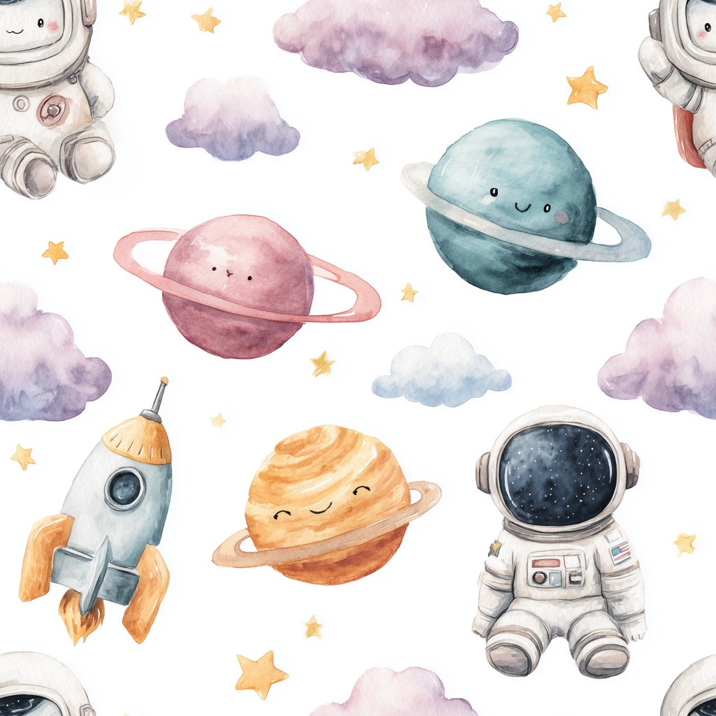 White Background Wallpaper Astronauts Planetary Mural pattern artwork
