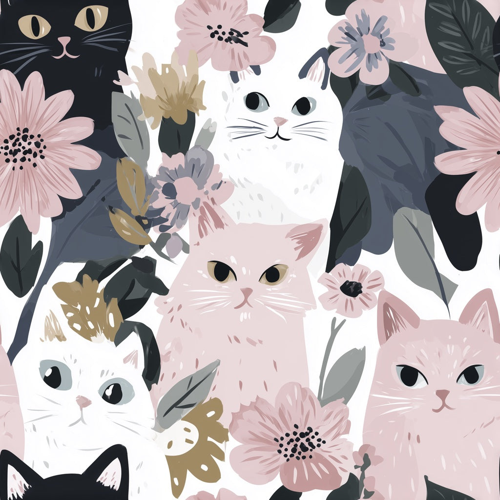 Cats Wallpaper Flowers Removable Modern Wall Mural pattern artwork