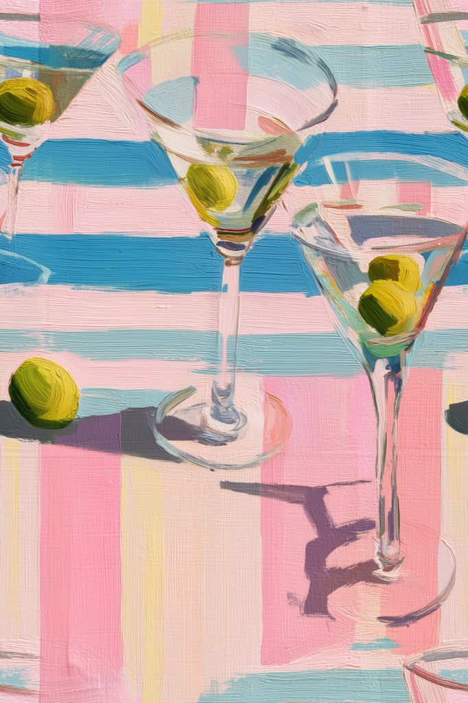 Martini Glasses Wallpaper Olives Striped Decorative Mural pattern artwork