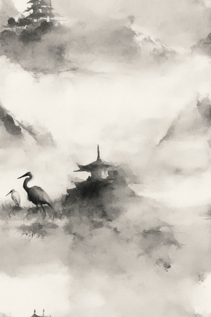 Misty Landscape Wallpaper Ink Wash Pagoda Pavilion Decorative Mural pattern artwork