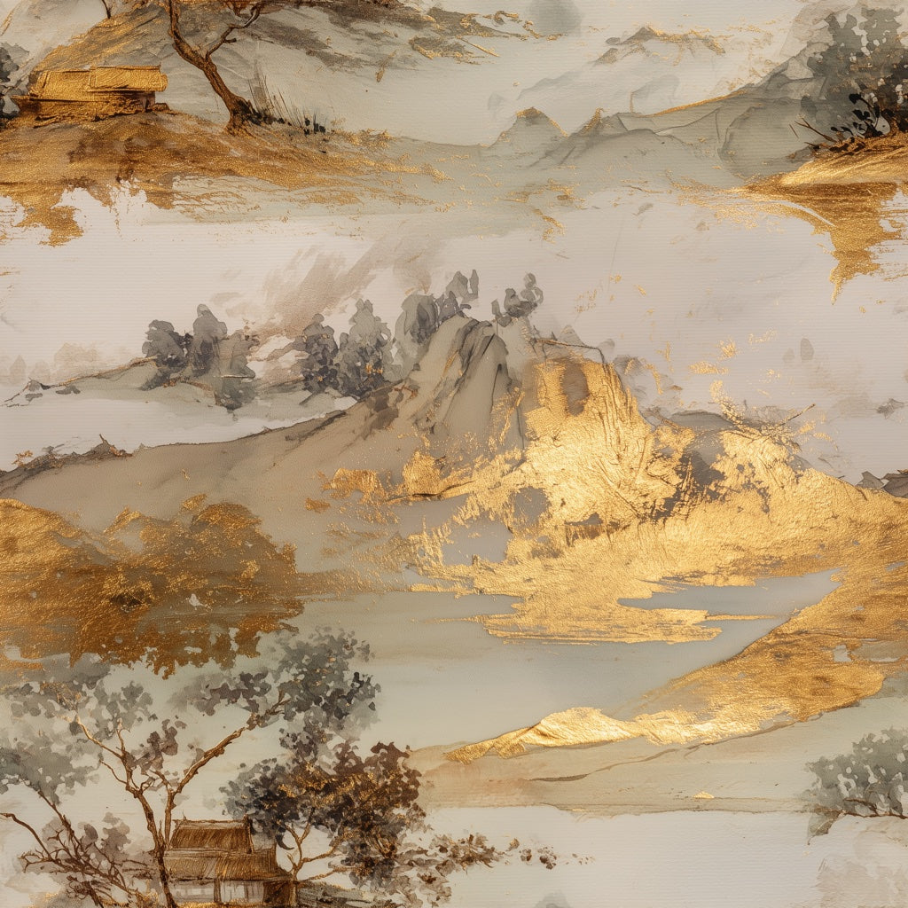 Misty Mountains Wallpaper Watercolor Wash Gold Foil Decorative Mural pattern artwork
