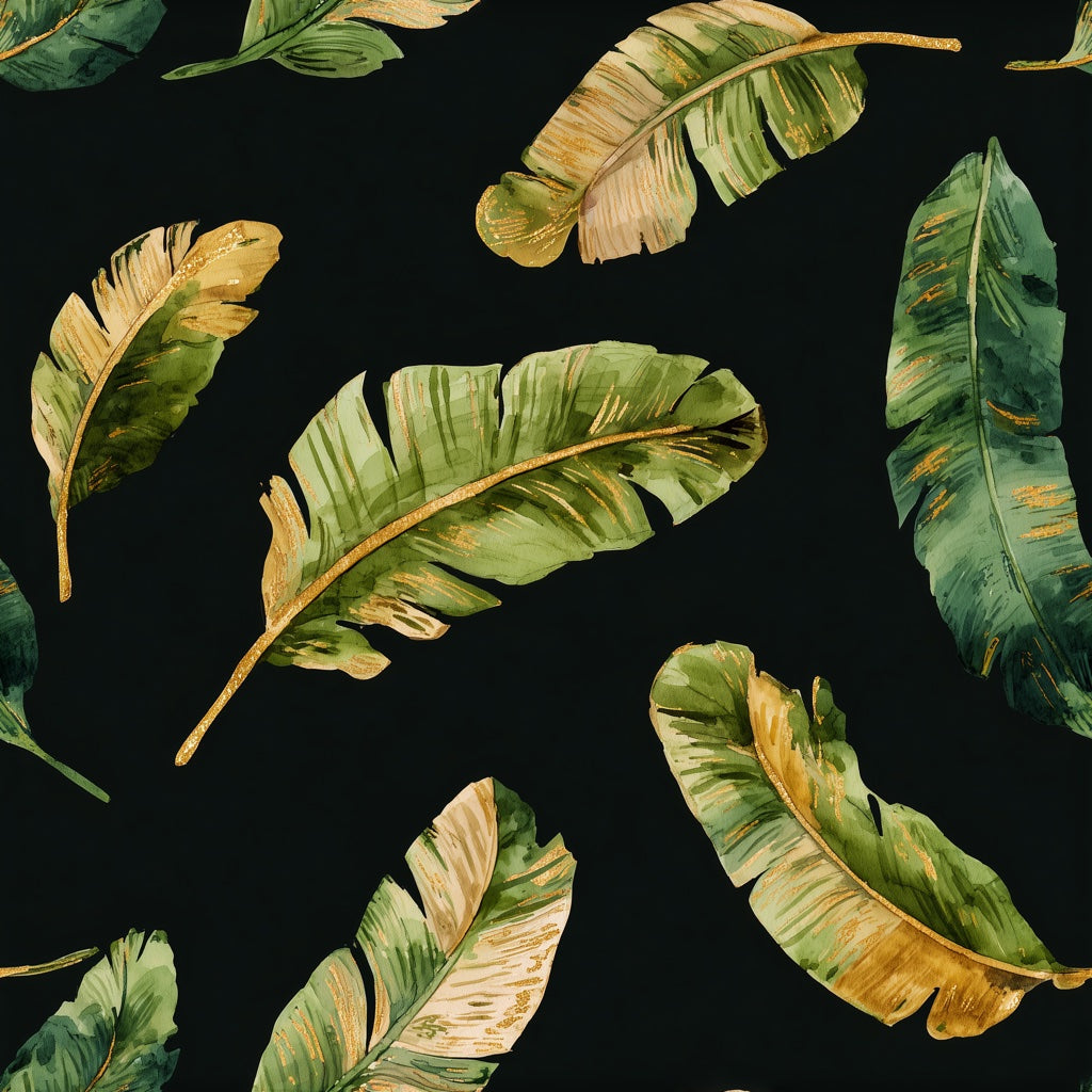 Banana Leaves Wallpaper Black Background Green And Gold Decorative Mural pattern artwork