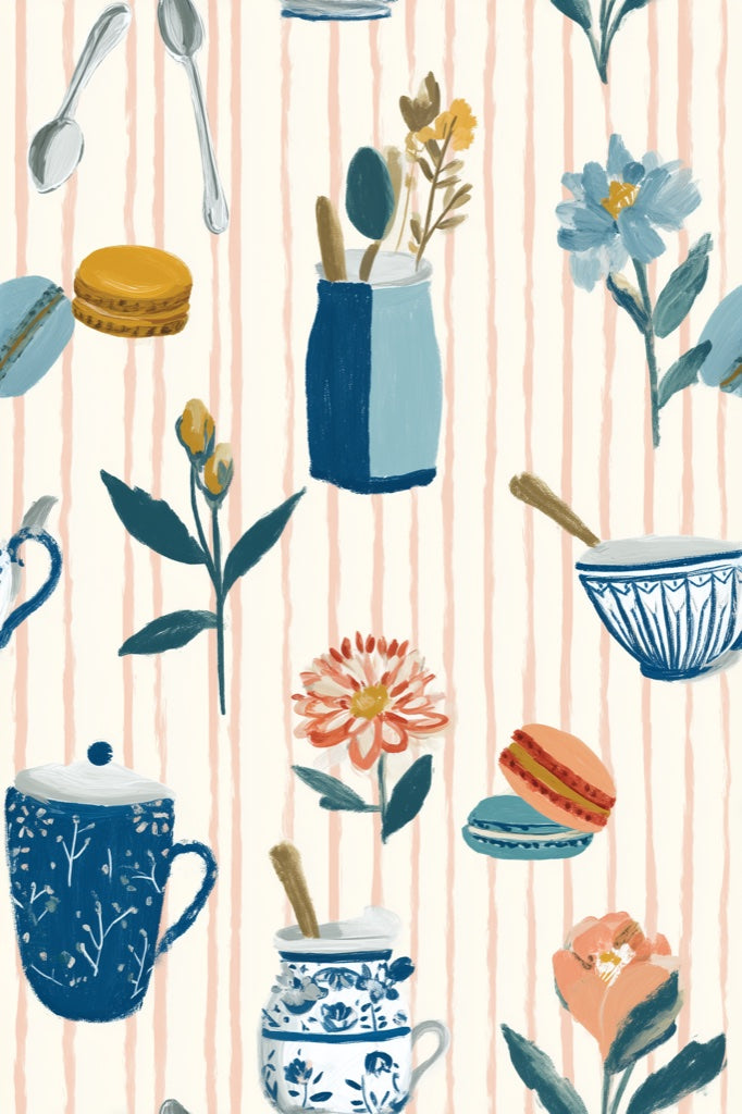Tea Time Wallpaper Kitchenware Blue And White Ceramics Decorative Mural pattern artwork