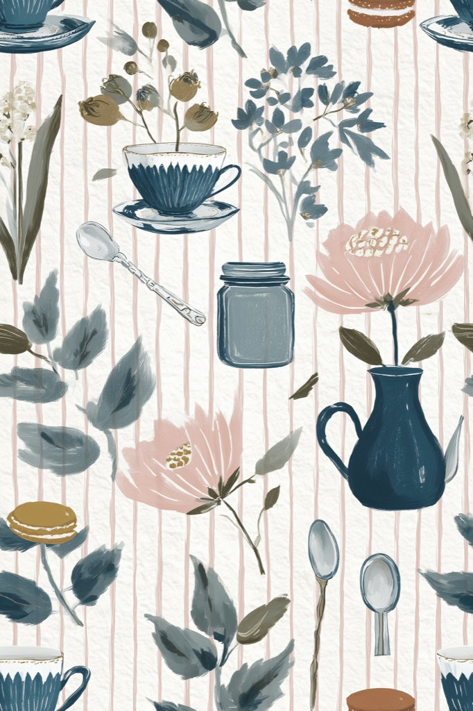 Teacup And Saucer Wallpaper Floral Removable Scandinavian Modern Wall Art pattern artwork