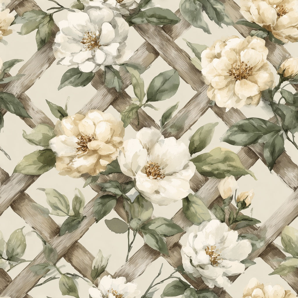 Watercolor Floral Wallpaper White Blossoms Wood Lattice Trellis Removable Wall Decor pattern artwork