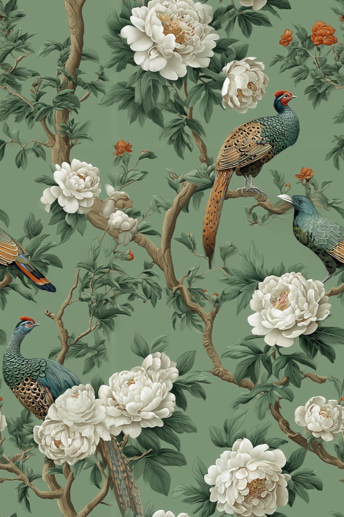 Muted Green Wallpaper Chinoiserie Bird Decorative Mural pattern artwork