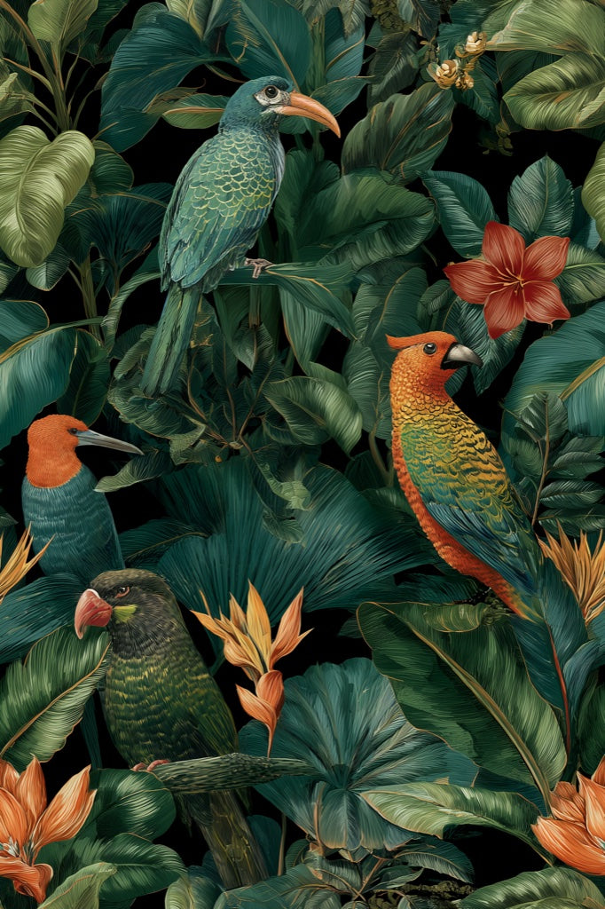 Tropical Birds Wallpaper Floral Modern Decorative Mural pattern artwork