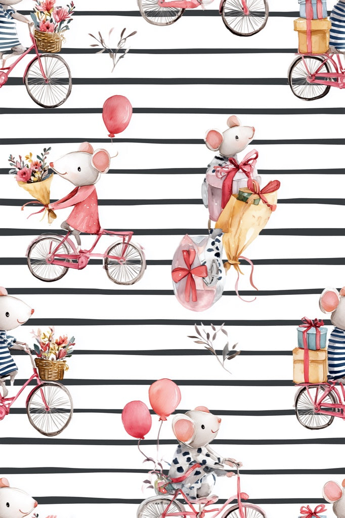 Mice Wallpaper Bicycles Removable Whimsical Wall Mural pattern artwork