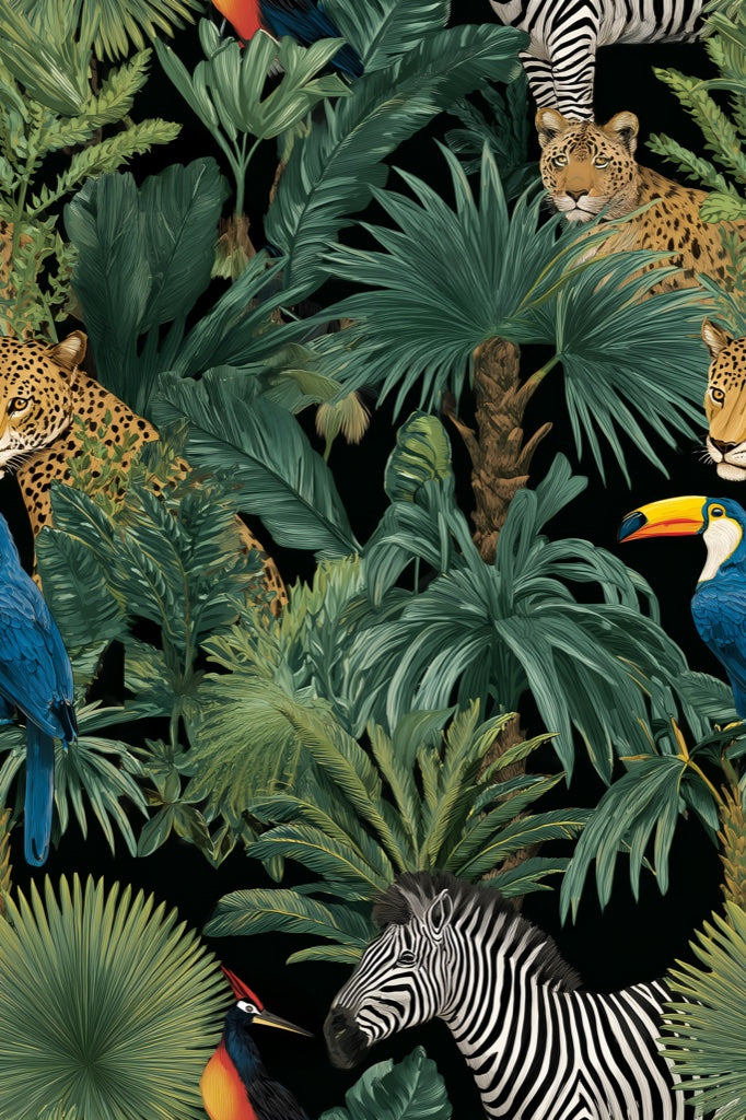Jungle Wildlife Wallpaper Tropical Leopard Wall Mural pattern artwork