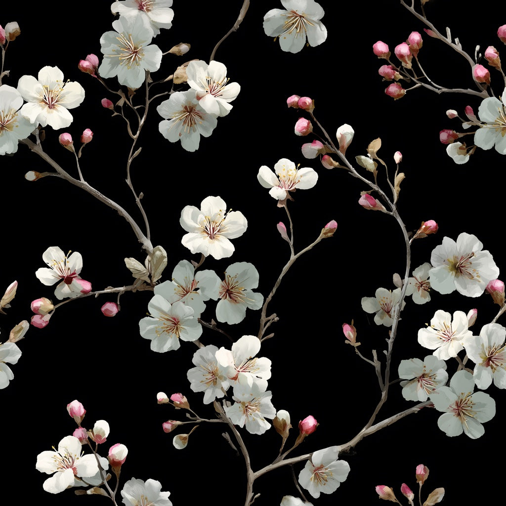 Floral Wallpaper Blossoms Removable Black Background Wall Mural pattern artwork