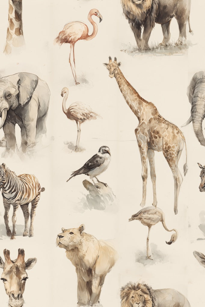 Watercolor Animals Wallpaper Safari Wildlife Removable Wall Decor pattern artwork