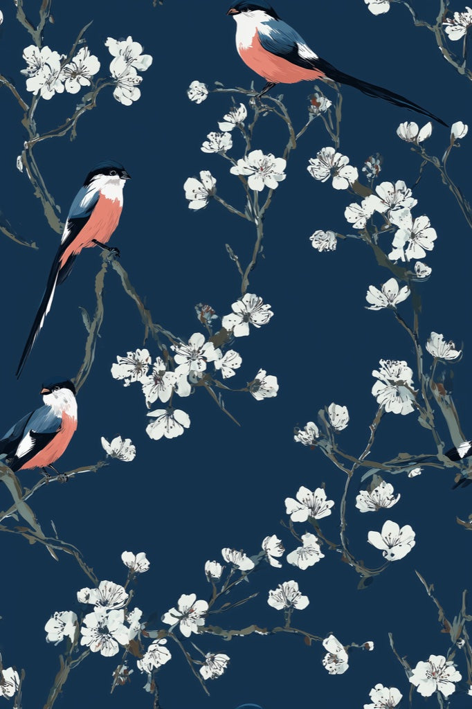 Floral Wallpaper Birds Removable Navy Wall Mural pattern artwork