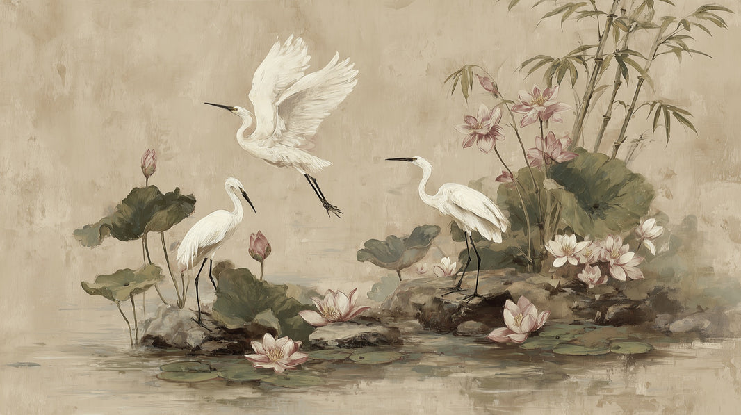 Egrets Wallpaper Lotus Removable Bamboo Wall Mural pattern artwork