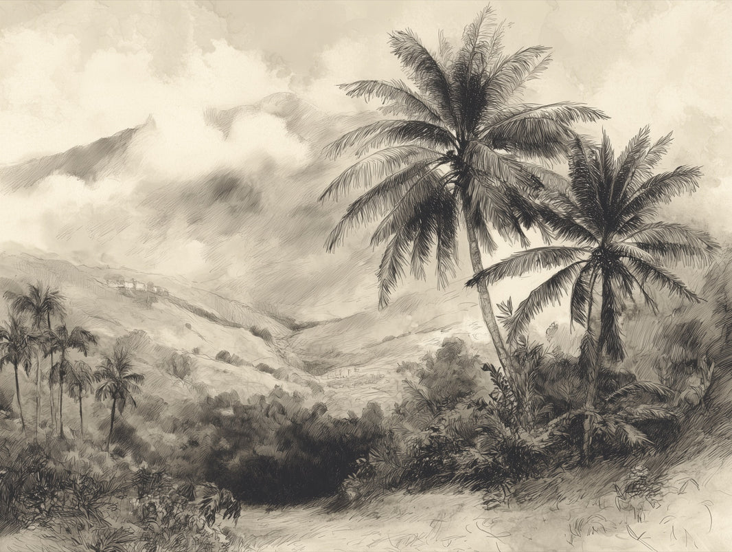 Vintage Tropical Wallpaper Palms Removable Mountain Wall Mural pattern artwork