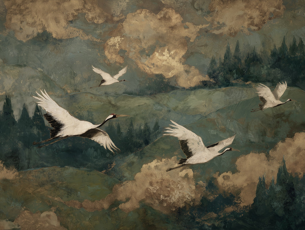 Cranes Landscape Wallpaper Green Vintage Wall Mural pattern artwork