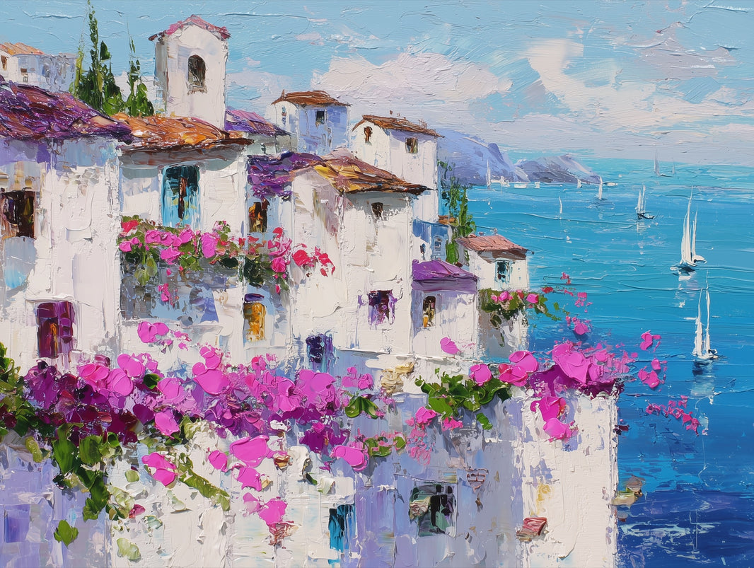 Mediterranean Wallpaper Flowers Sailboats Wall Mural pattern artwork