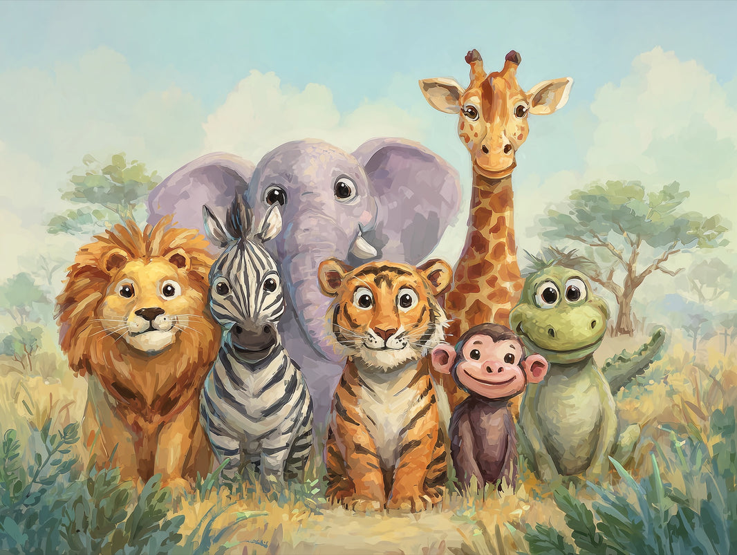 Playful Animals Wallpaper Savannah Cartoon Wall Mural pattern artwork