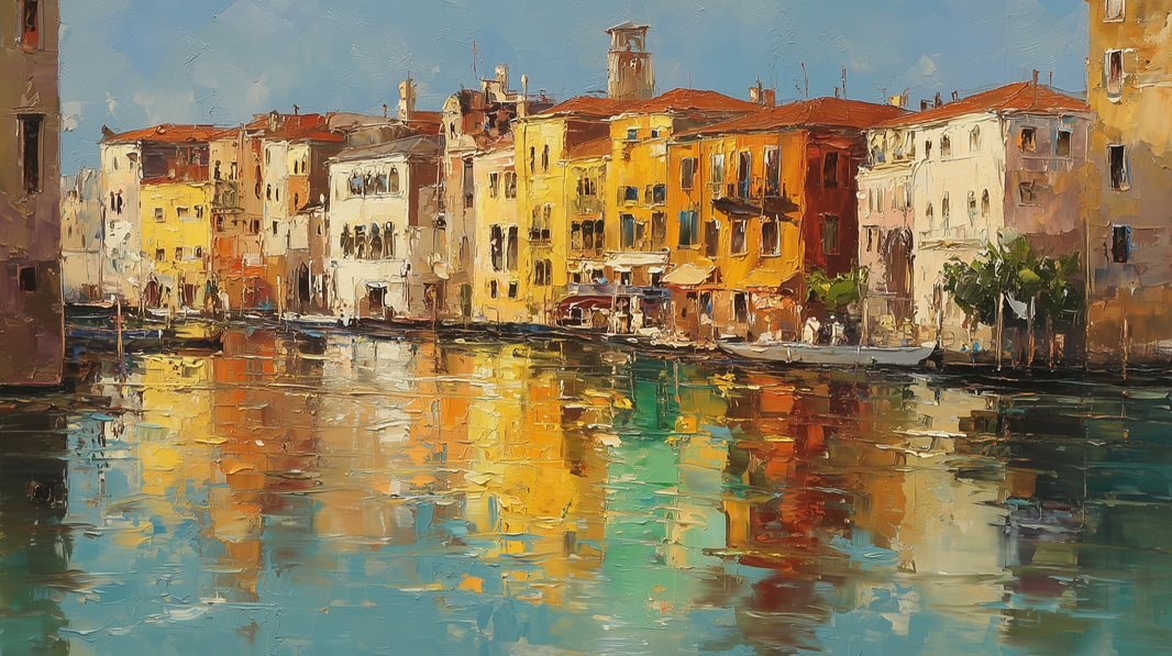 Colorful Buildings Wallpaper Waterfront Mediterranean Wall Mural pattern artwork