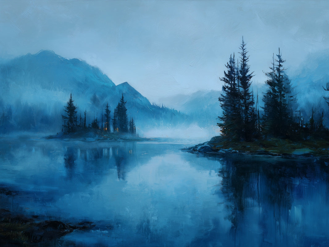 Misty Lake Wallpaper Pine Trees Serene Wall Decor pattern artwork