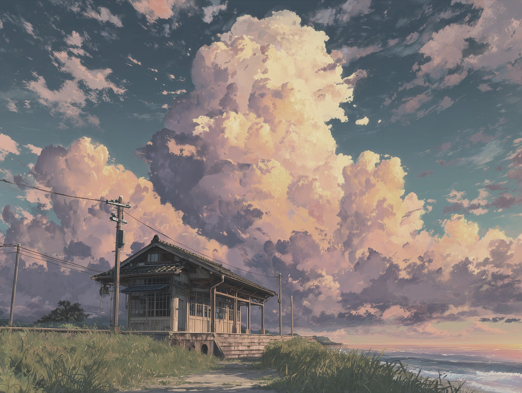 Coastal Landscape Wallpaper Clouds Wooden House Wall Mural pattern artwork