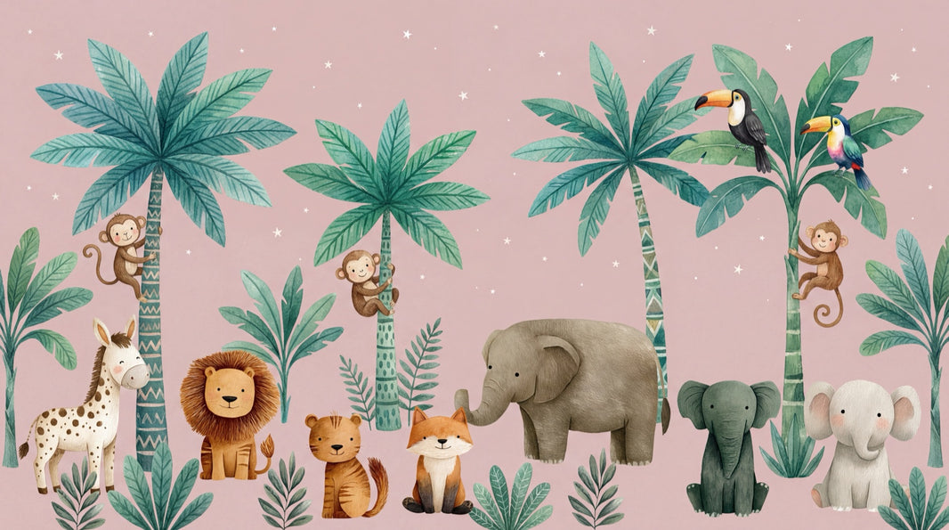 Tropical Jungle Wallpaper Nursery Wallpaper Cute Animals Removable Wall Decor pattern artwork