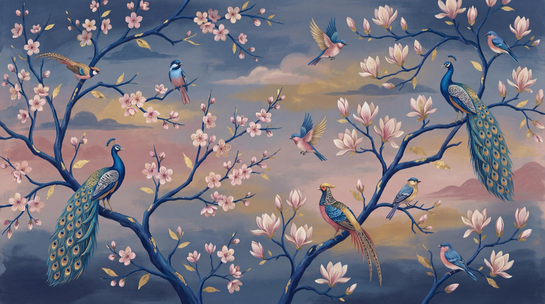 Oriental Mural Wallpaper Peacocks Cherry Blossoms Wall Mural pattern artwork