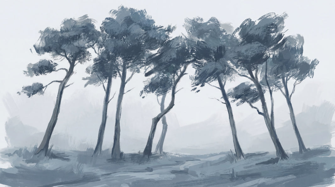 Misty Landscape Wallpaper Windswept Trees Monochrome Blue Gray Removable Wall Decor pattern artwork