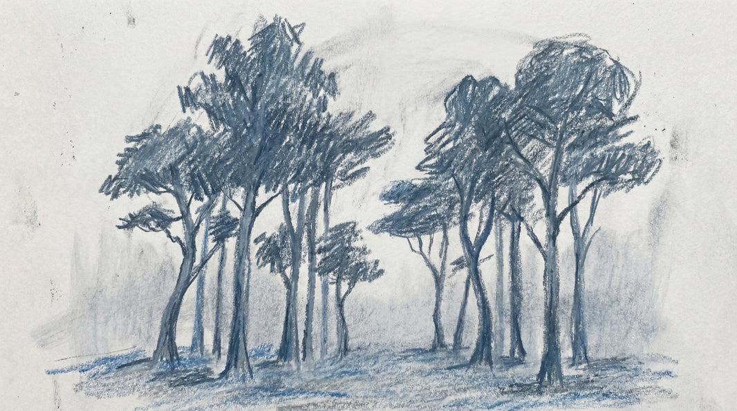 Tree Grove Wallpaper Sketch Blue Gray Wall Mural pattern artwork