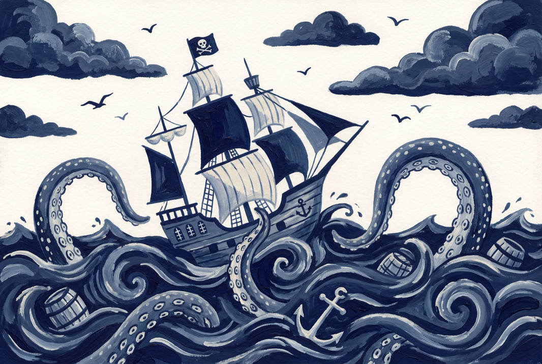 Pirate Ship Wallpaper Dark Nautical Removable Kraken Octopus Tentacles Wall Decor pattern artwork
