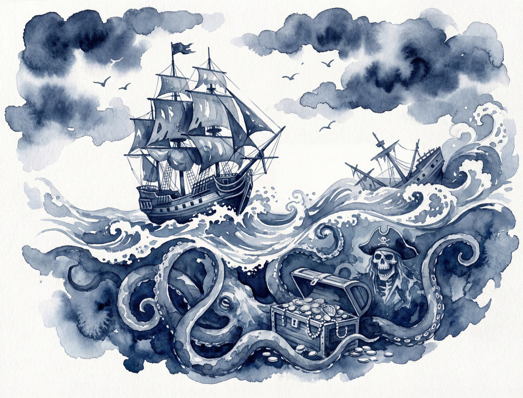 Pirate Ship Wallpaper Stormy Sea Kraken Octopus Removable Wall Decor pattern artwork