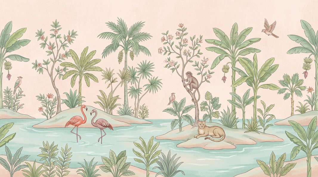 Tropical Vintage Wallpaper Landscape Wildlife Wall Decor pattern artwork