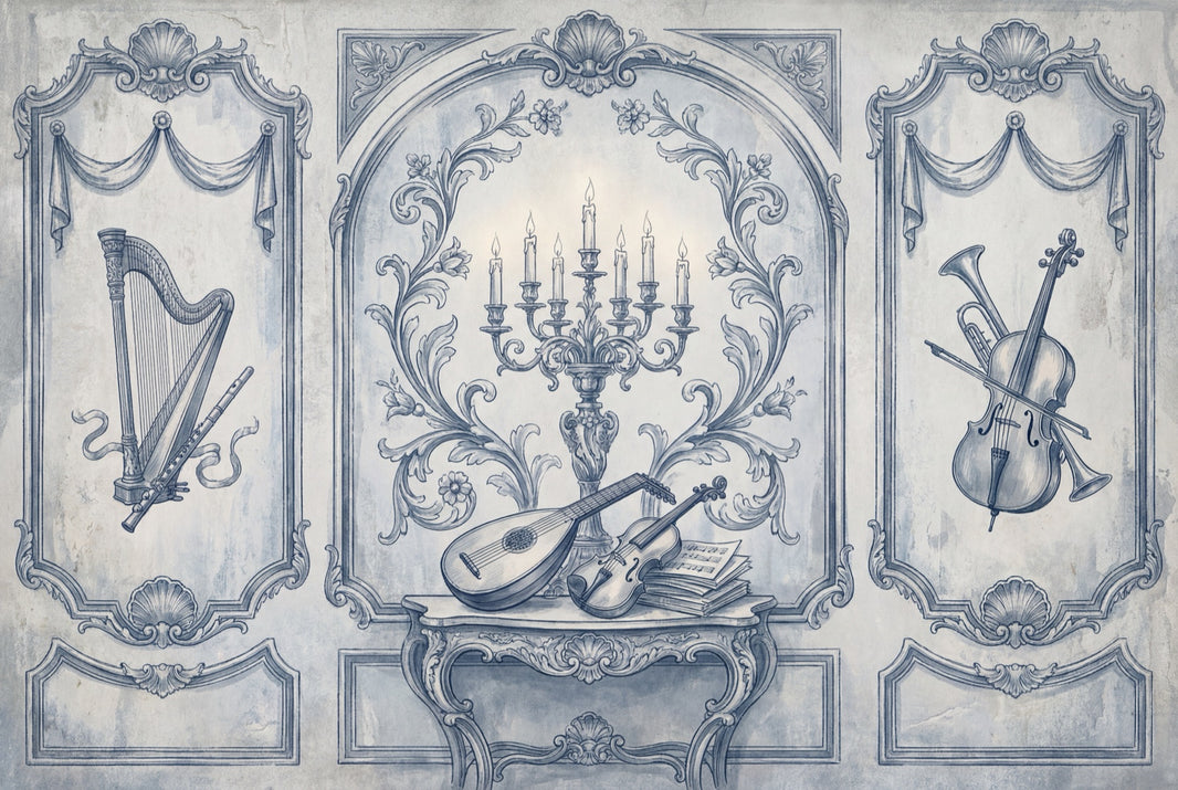 Blue Toile Wallpaper Vintage Mural Classical Music Instruments Wall Mural pattern artwork