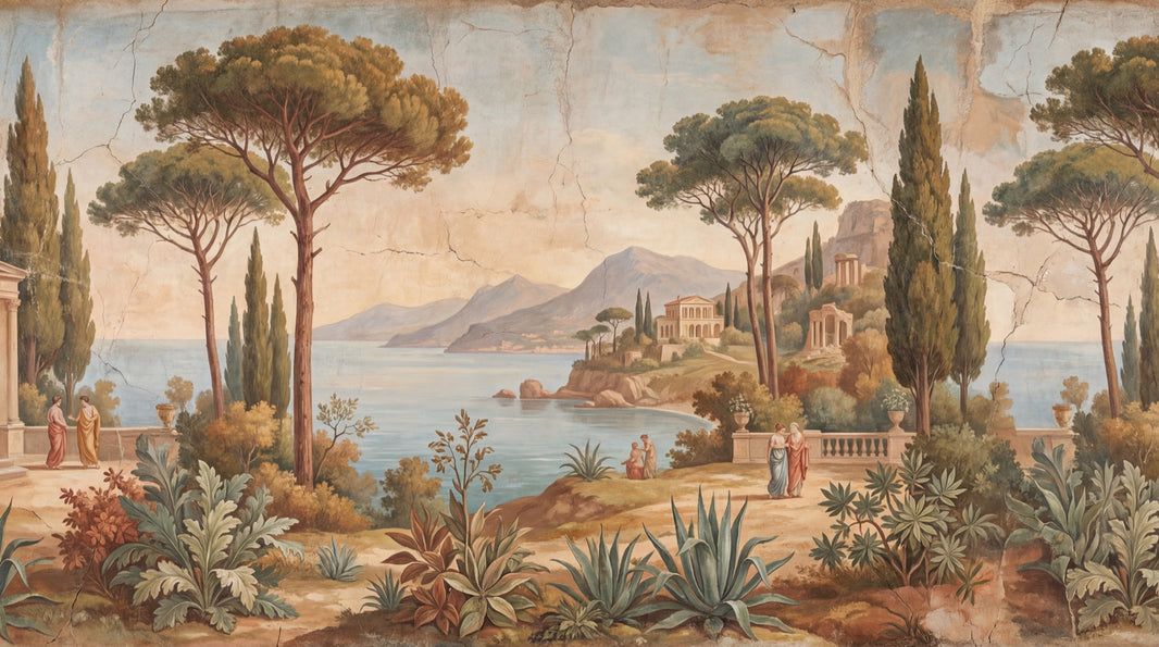 Mediterranean Wallpaper Classical Fresco Coastal Landscape Wall Mural pattern artwork