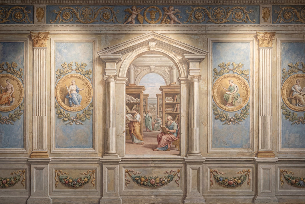 Architectural Trompe Loeil Wallpaper Classical Fresco Removable Library Scene Wall Decor pattern artwork