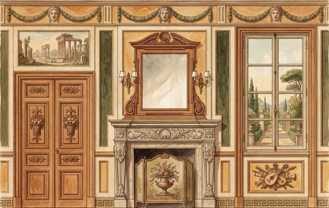 Classical Interior Mural Wallpaper Traditional Fireplace French Window Garden View Wall Mural pattern artwork