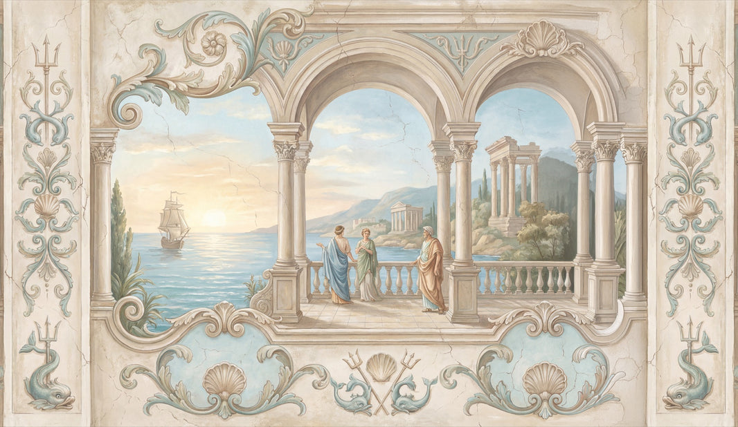 Classical Landscape Mural Wallpaper Mediterranean Coast Roman Arches And Columns Wall Mural pattern artwork