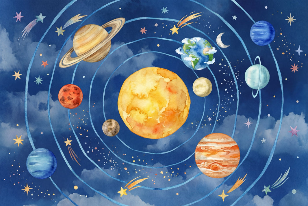 Solar System Wallpaper Dark Navy Watercolor Wall Mural pattern artwork