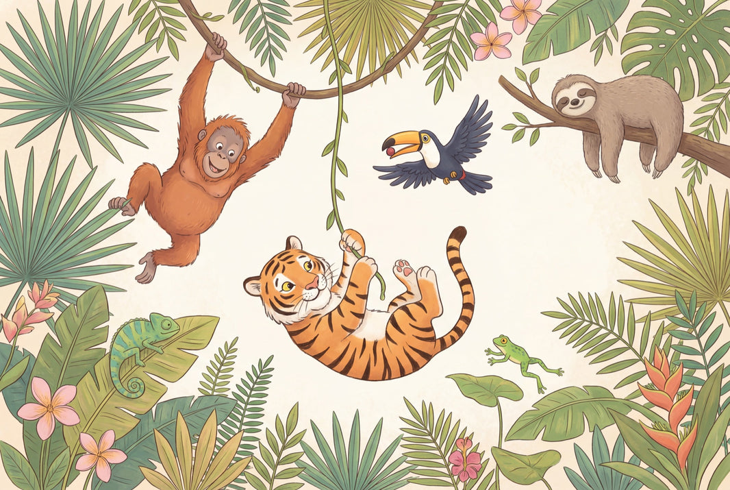Tropical Jungle Wallpaper Green Foliage Cartoon Animals Removable Wall Decor pattern artwork