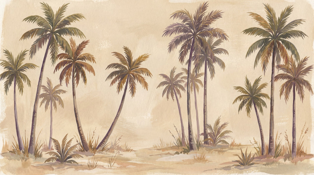 Tropical Palms Wallpaper Coastal Landscape Watercolor Wash Wall Mural pattern artwork