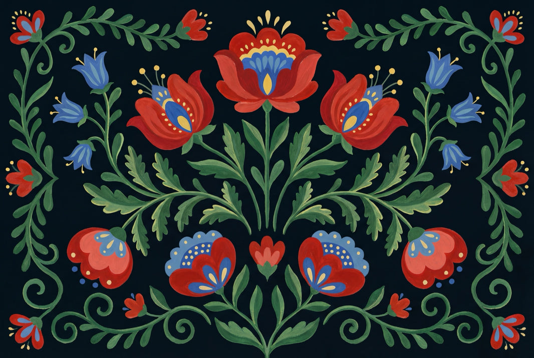 Scandinavian Folk Art Wallpaper Dark Navy Background Removable Folk Floral Wall Decor pattern artwork